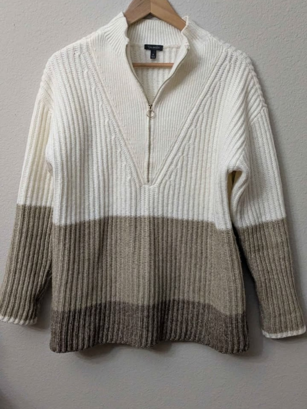 Talbots Cream, Brown & Tan Ribbed Half-Zip Sweater
